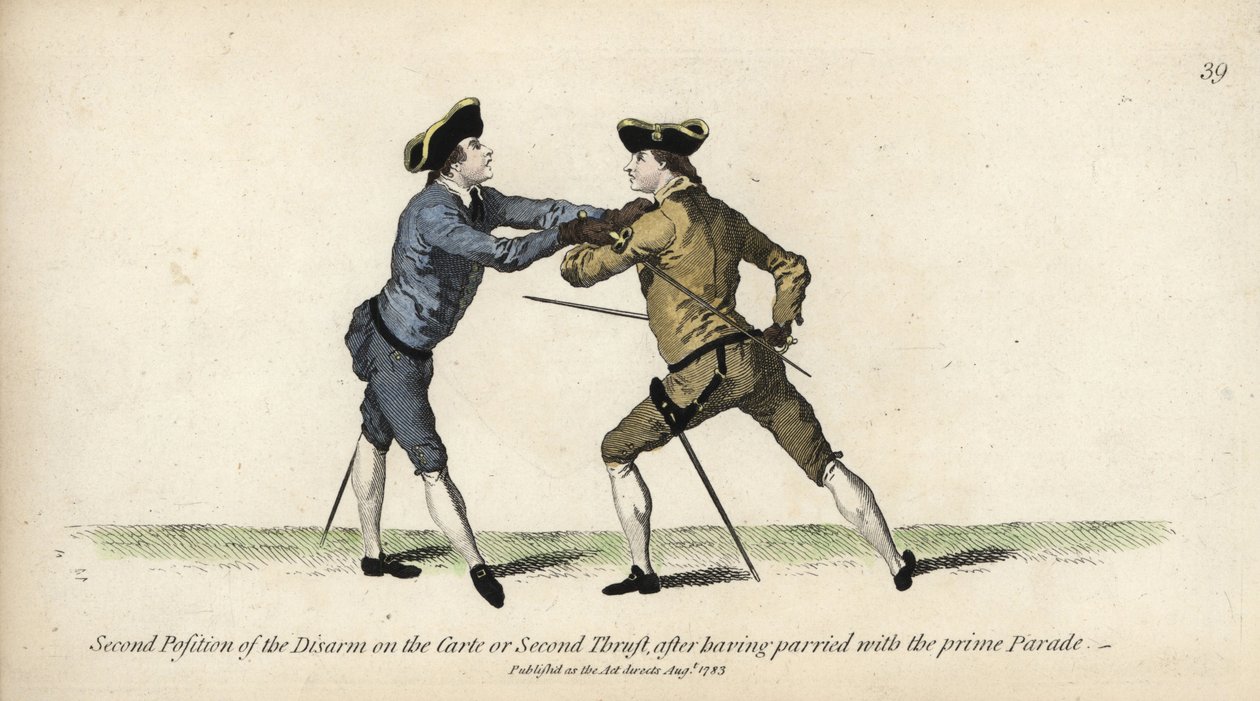 Gentleman vívó a lefegyverzés második pozíciójában a kocsin vagy a második lökésen, a Prime Parade parry után. Kézzel festett rézmetszet Thomas Rowlandson illusztrációja nyomán Mr. Domenico Angelo: The School of Fencing, London alkotó: Thomas Rowlandson