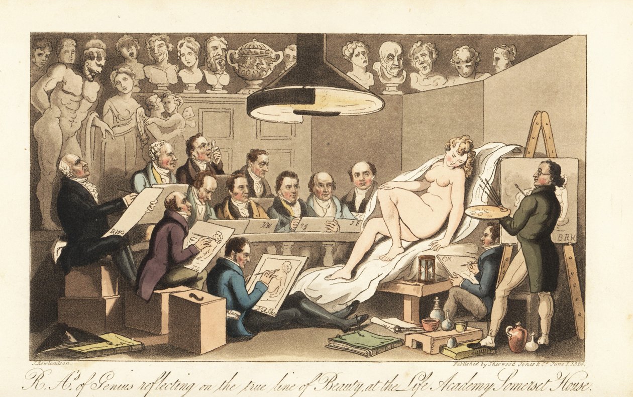 Georgiai művészek, köztük Benjamin West, Thomas Lawrence, Benjamin Haydon, Joseph Farrington, Richard Westall és Martin Archer Shee aktmodellt rajzolnak, miközben klasszikus mellszobrokat néznek le. A zseniális királyi akadémikusok a szépség valódi vonalán alkotó: Thomas Rowlandson
