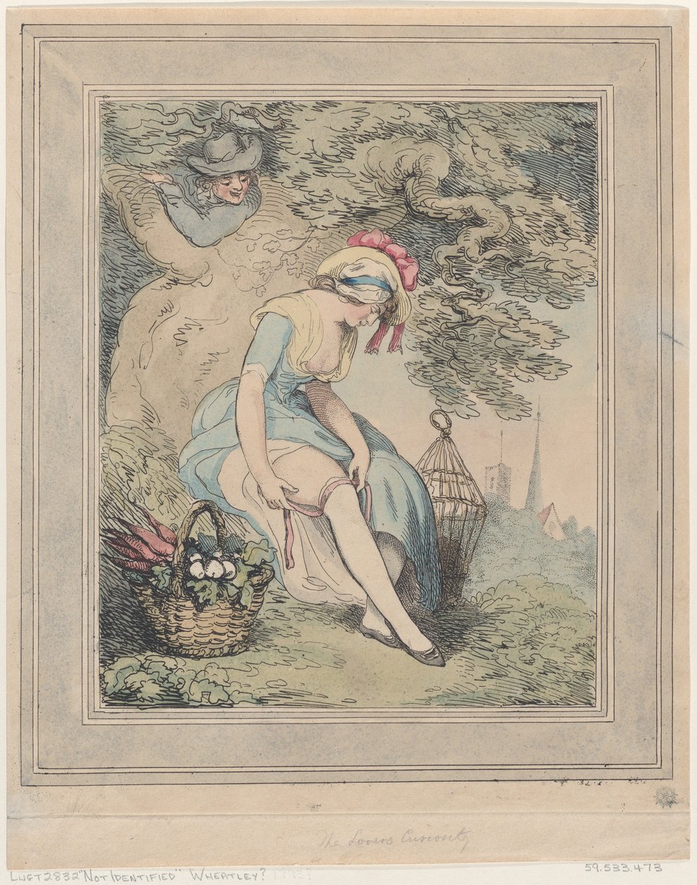 Lány kosárral és madárkalitkával a harisnyakötőt igazgatja, 1785-95., 1785-95. alkotó: Thomas Rowlandson