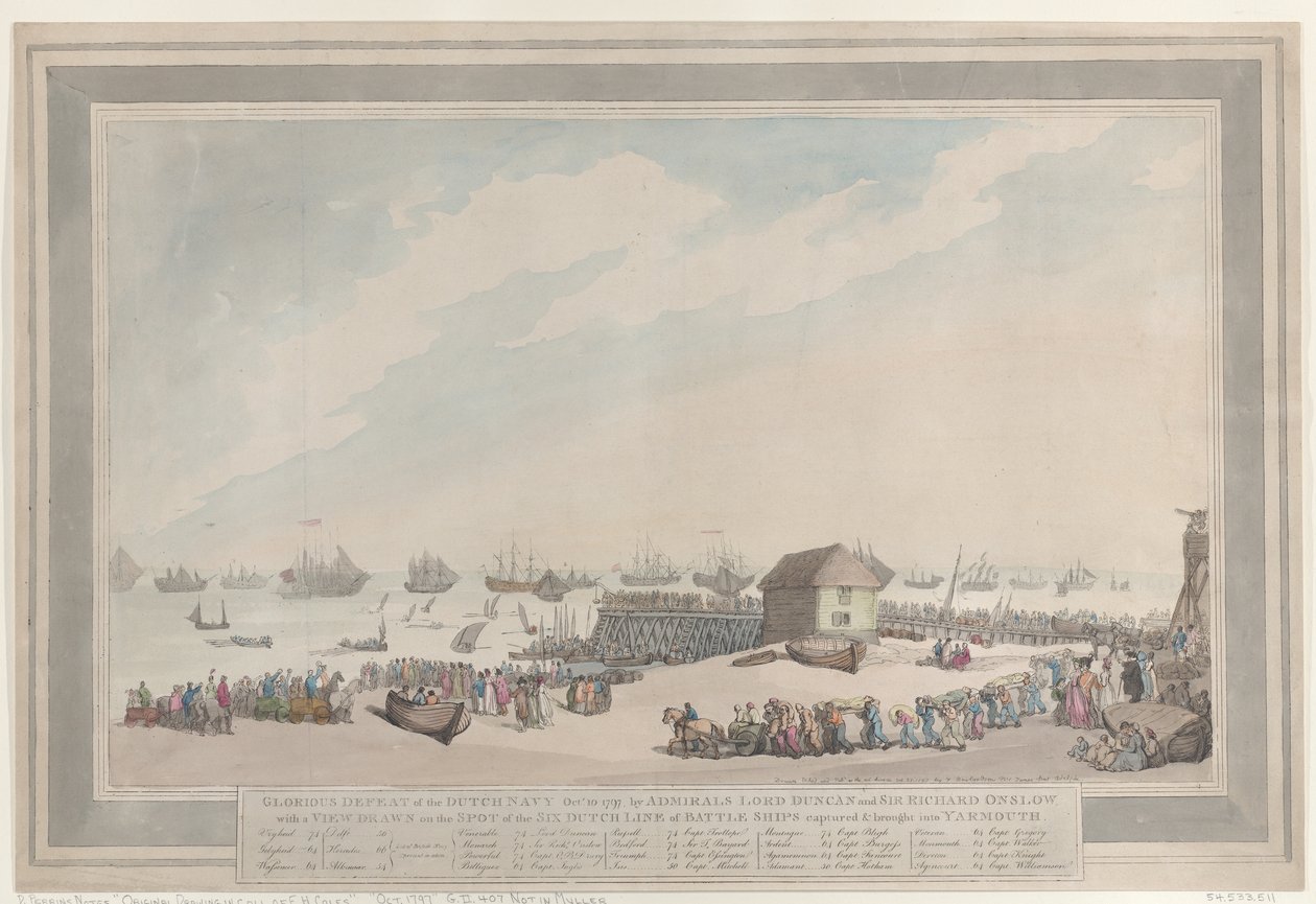A holland haditengerészet dicsőséges veresége, 1797. október 10., Lord Duncan és Sir Richard Onslow admirálisok vezetésével, a helyszínen készített ábrázolással a hat elfogott és Yarmouthba vontatott holland sorhajóról alkotó: Thomas Rowlandson