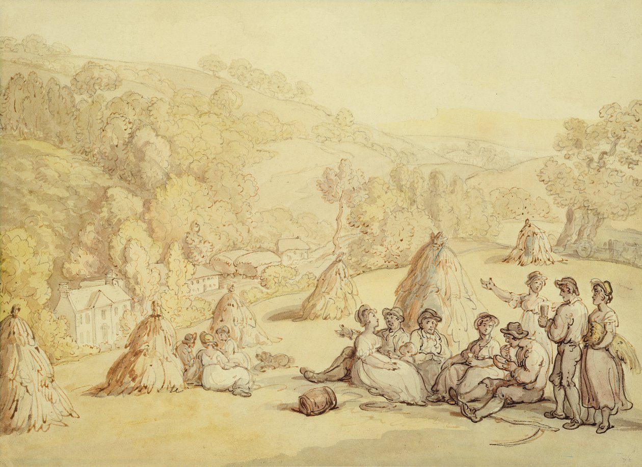 Kukoricatáblán pihenő betakarítógépek, 1805–1810 körül (toll és tinta mosással papíron) alkotó: Thomas Rowlandson