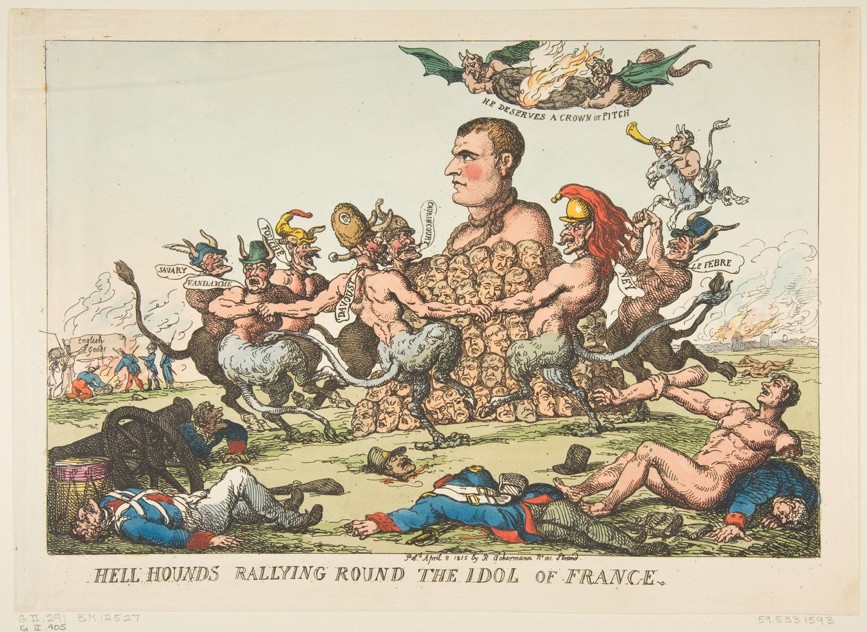 Hell Hounds Rally Round the Idol of France, 1815. április 8. alkotó: Thomas Rowlandson