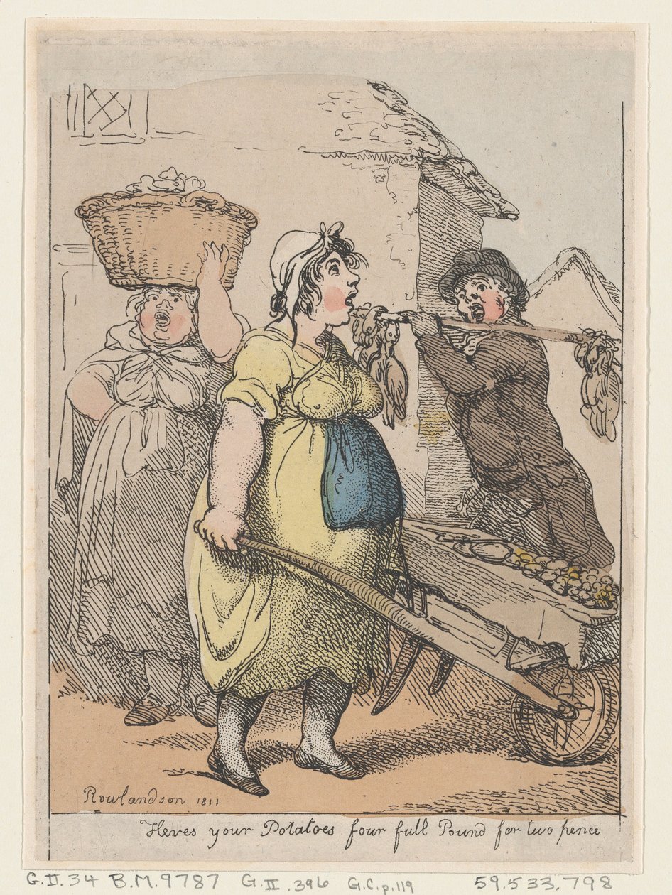 Itt van a burgonyád, négy teljes font két pennyért, 1811., 1811. alkotó: Thomas Rowlandson