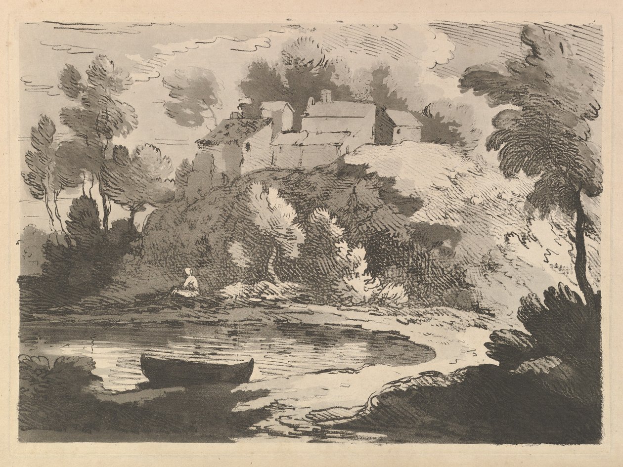 Dombos folyó táj, egy csónak a vízben az előtérben balra, egy alak a távoli parton..., 1783-84. alkotó: Thomas Rowlandson