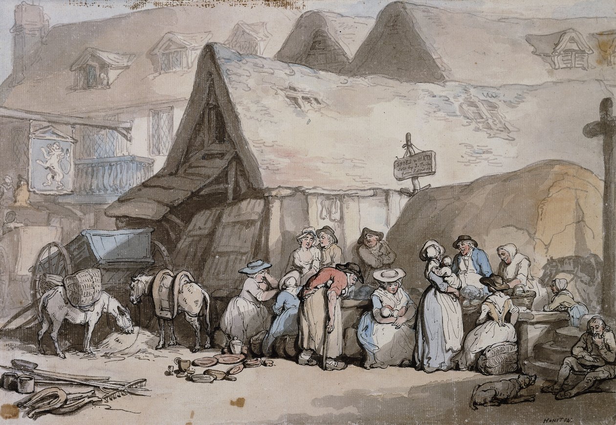 Honiton, Devon: Cipők és kalapok eladók a Lion Innen kívül, alkotó: Thomas Rowlandson
