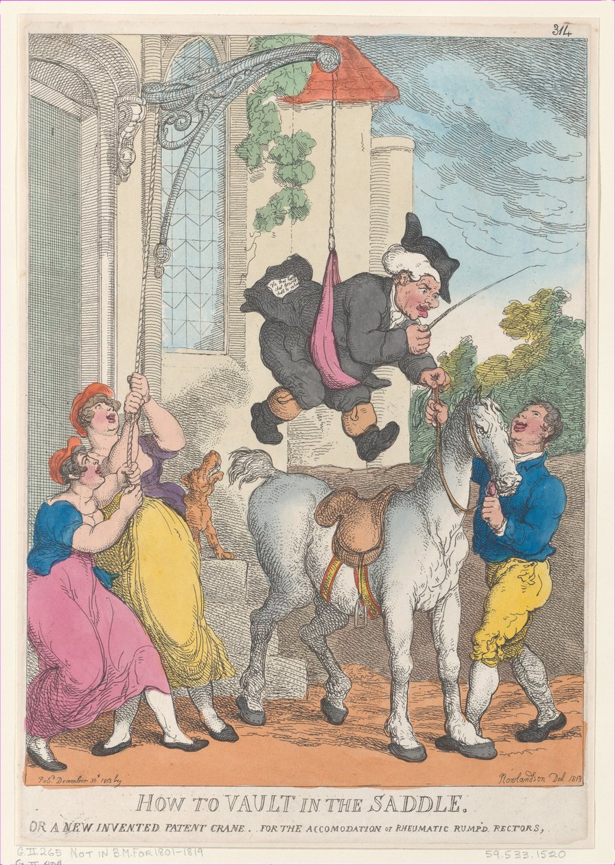 Hogyan kell a nyeregben boltozni vagy egy új találmány szerinti szabadalmi daru a szálláshoz..., 1813. december 30. alkotó: Thomas Rowlandson