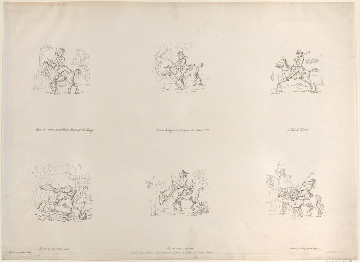 Hogyan fordítsunk le minden lovat, kancát vagy hernyót, Hogyan lovagoljunk előkelően és kellemesen a hegyen..., 1803. március 1. alkotó: Thomas Rowlandson