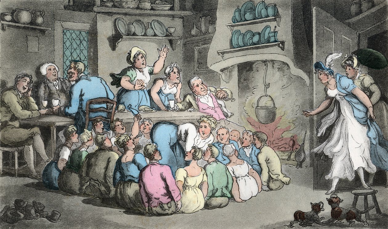 Hunting the Slipper, Illusztráció Oliver Goldsmith „The Vicar of Wakefield” című művéből, pub. Ackermann, 1817 (kézzel színezett metszet) alkotó: Thomas Rowlandson