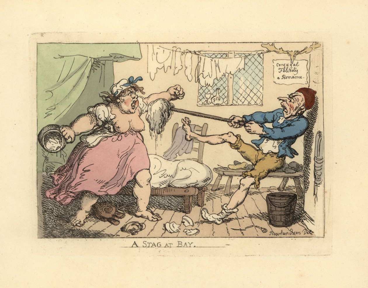 Férj felmosóval tartja le dühös feleségét. alkotó: Thomas Rowlandson
