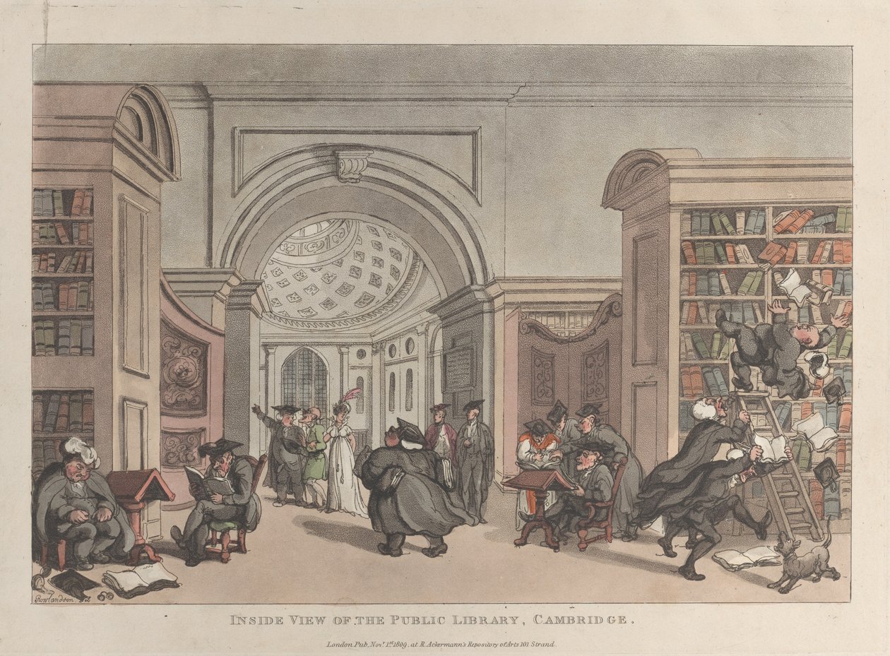 Inside View of the Public Library, Cambridge, 1809. november 9., 1809. november 9. alkotó: Thomas Rowlandson