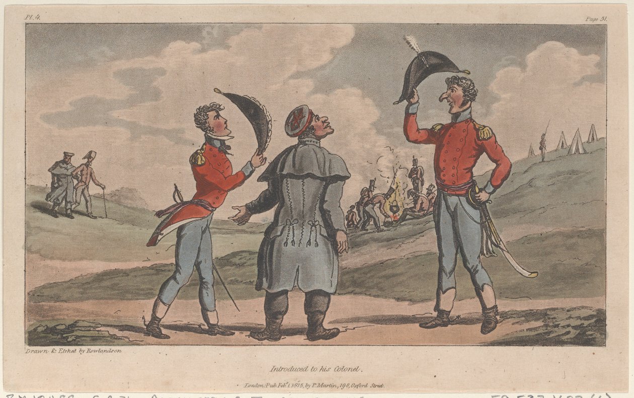 Bemutatták ezredesének, The Military Adventures of Johnny Newcome, 1815., 1815. alkotó: Thomas Rowlandson