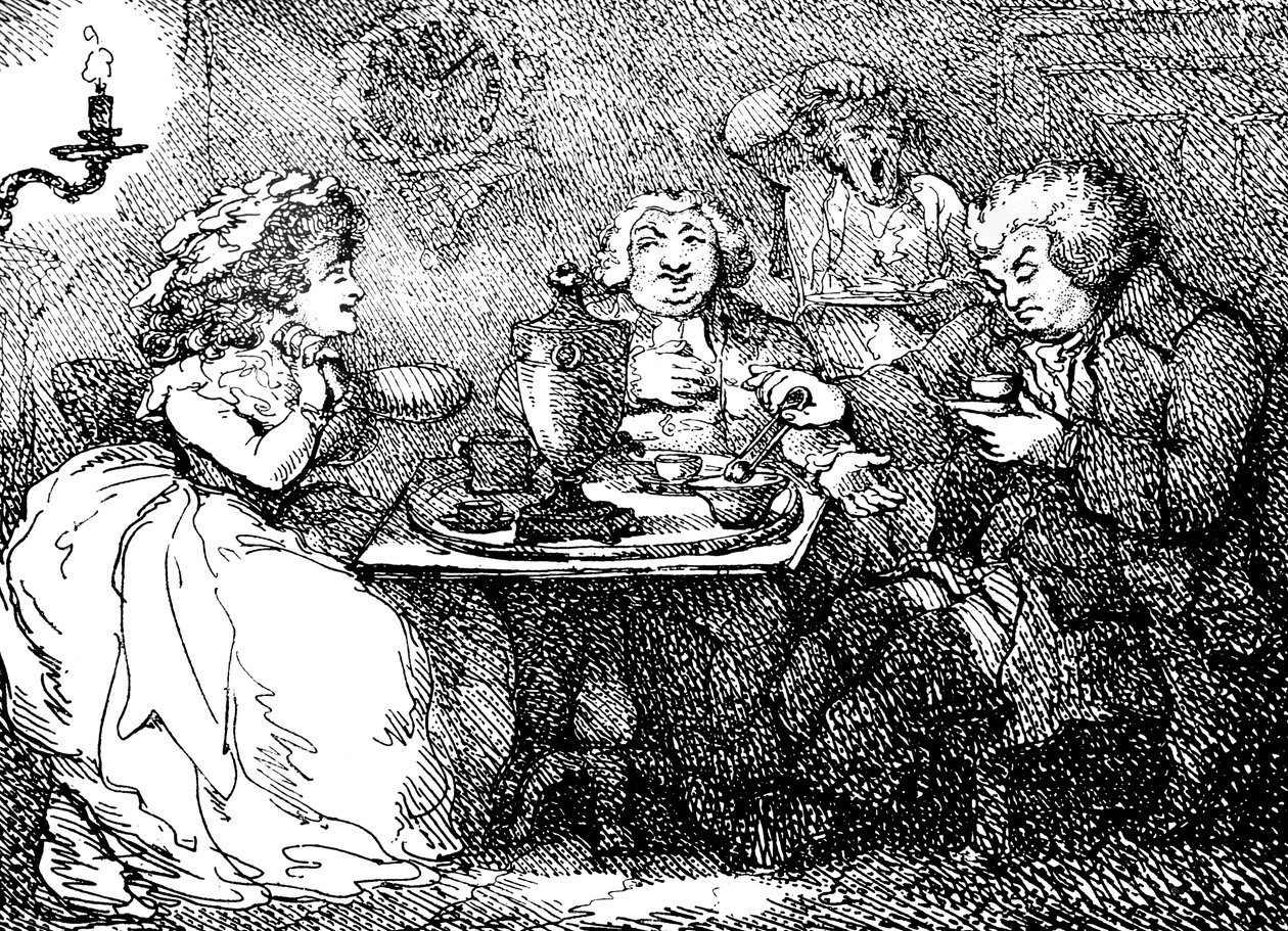 James Boswell, a felesége és Dr. Johnson teában Edinburgh-ban, 1773, 1786 alkotó: Thomas Rowlandson