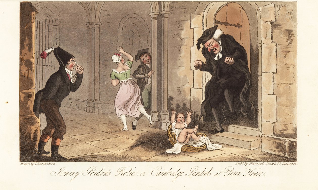James Gordon, a hírhedt cambridge-i részeg, aki egy csecsemőt hagy maga után egy főiskolai dékán háza előtt. Jemmy Gordon Frolicja, avagy Cambridge Gambols a Peter House-ban. Kézzel színezett rézlemez, amelyet Thomas Rowlandson rajzolt és vésett Az angol k alkotó: Thomas Rowlandson