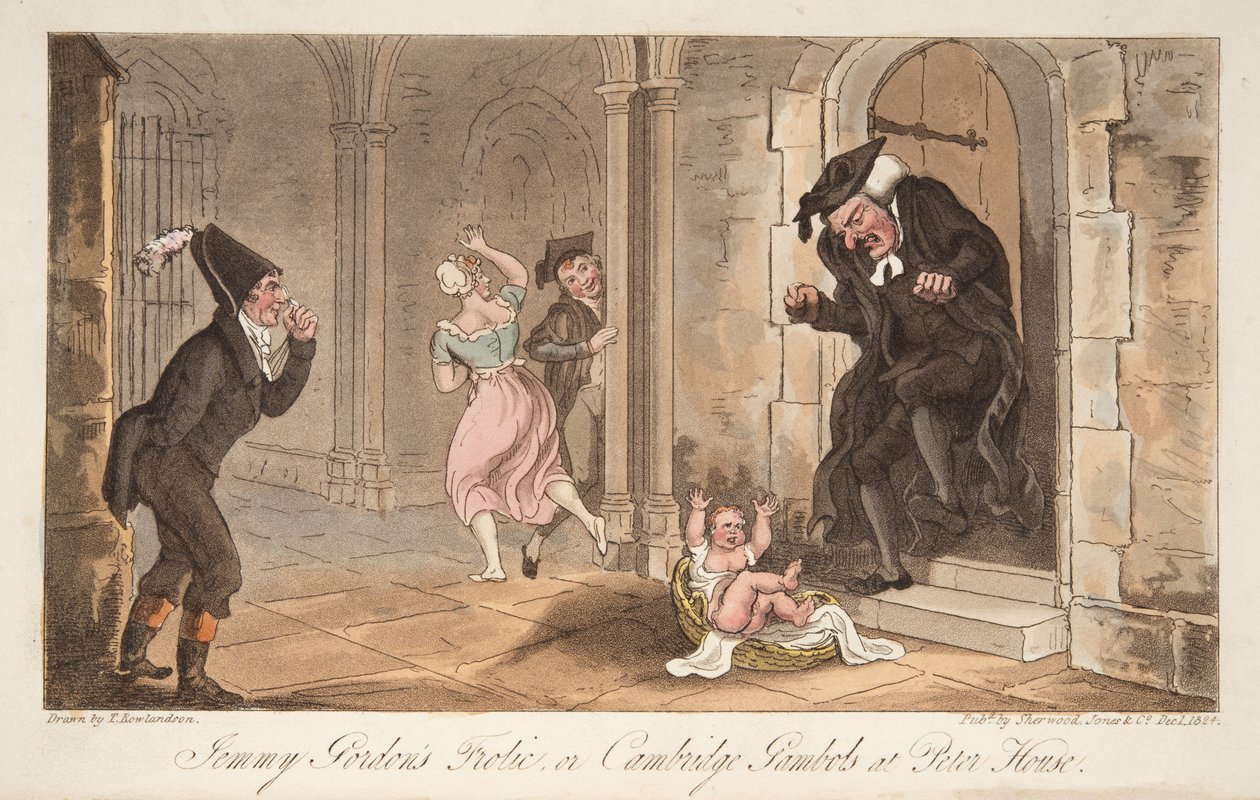 Jemmy Gordons Frolic, vagy Cambridge Gambols a Peter House-ban, az angol kémből, kocsmából. 1824 (kézzel színezett metszet) alkotó: Thomas Rowlandson