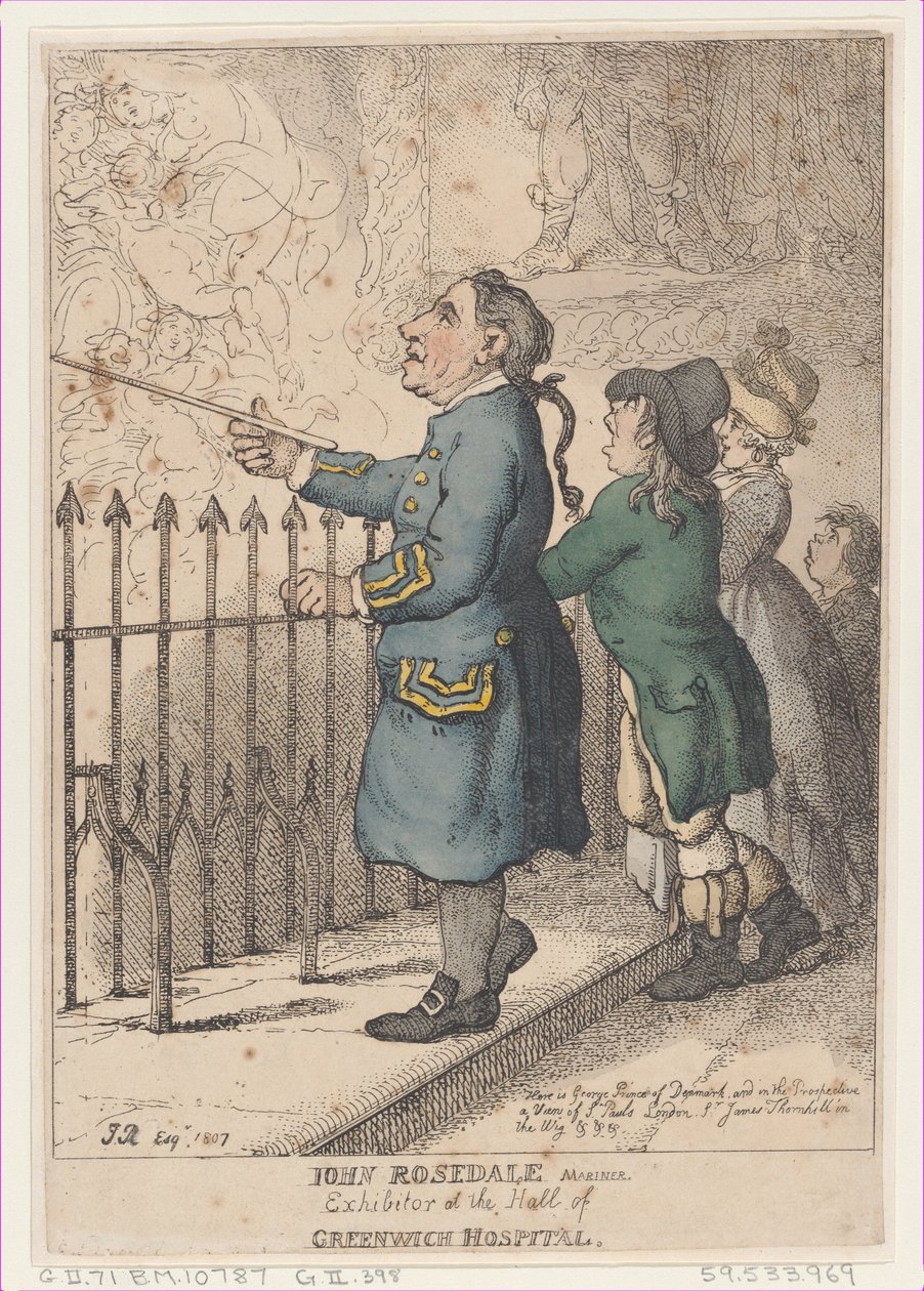 John Rosedale Mariner, kiállító a Greenwich Kórház csarnokában, 1807. április 26., 1807. április 26. alkotó: Thomas Rowlandson