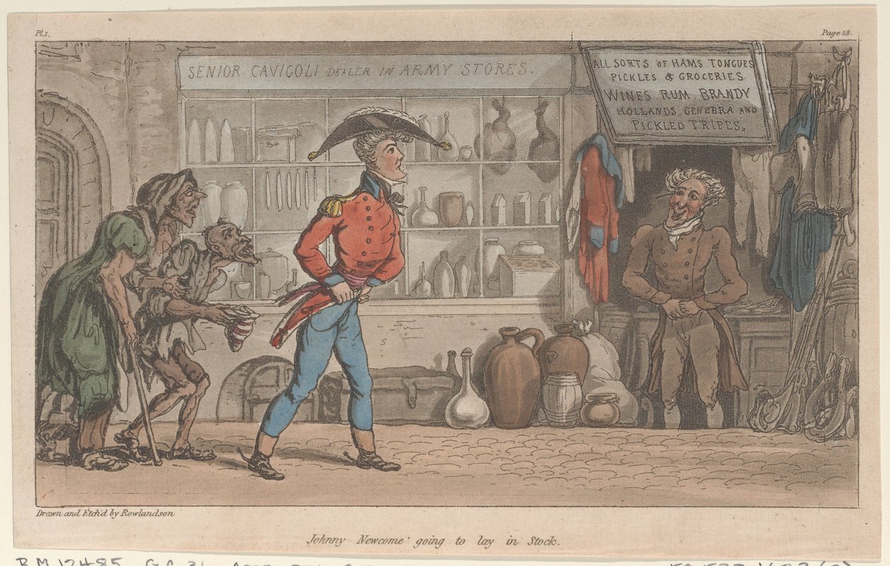 Johnny Newcome a Stockban fog feküdni, The Military Adventures of Johnny Newcome, 1815., 1815. alkotó: Thomas Rowlandson