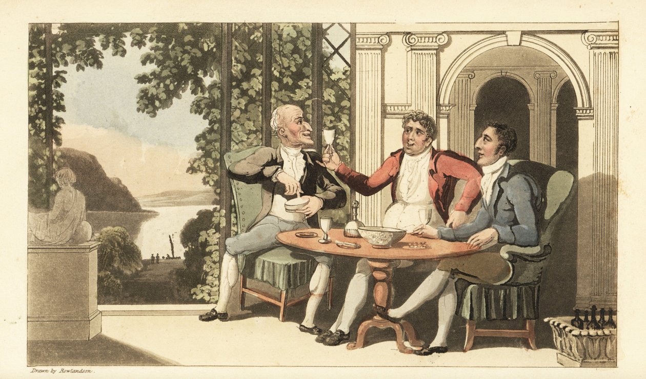 Johnny és barátai isznak és énekelnek a Temzére néző teraszon. Thomas Rowlandson kézi színű rézmetszete William Combe The History of Johnny Quae Genus című művéből, a néhai doktor szintaxis kis alapítója. alkotó: Thomas Rowlandson
