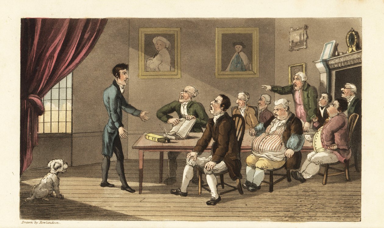 Johnny és hitelezői. A szegény urak egy szobanyi kereskedővel és boltossal néznek szembe, akik adósságai visszafizetését követelik. Thomas Rowlandson kézi színű rézmetszete William Combe The History of Johnny Quae nemzetségből, a kis alapításból alkotó: Thomas Rowlandson