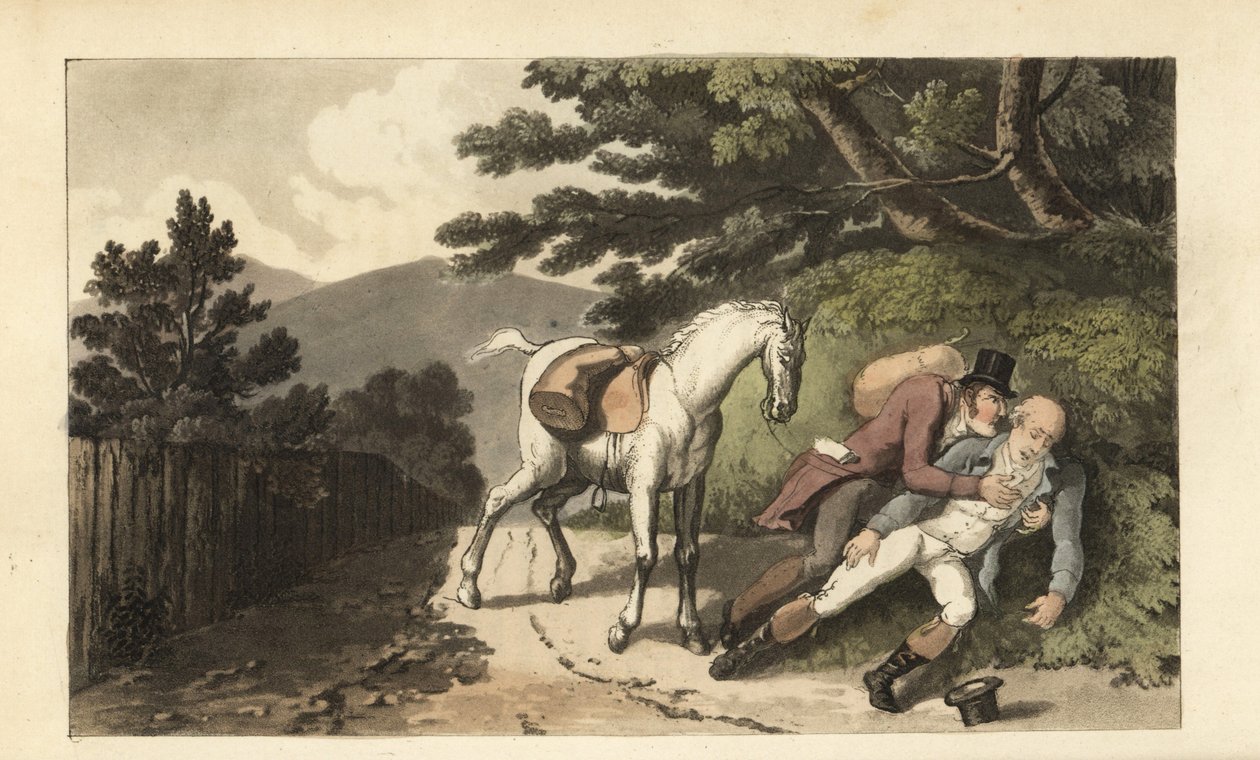 Johnny segít egy utazónak, akit ledobtak a lováról. Thomas Rowlandson kézi színű rézmetszete William Combe The History of Johnny Quae Genus című művéből, a néhai doktor szintaxis kis alapítója. alkotó: Thomas Rowlandson