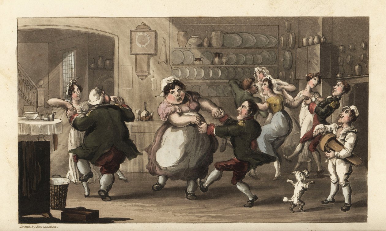 Johnny egy titkos partin táncol más szolgákkal a konyhában. Szakács, kocsis, szobalány és kabátos a mester ételét és borát élvezve. Thomas Rowlandson kézi színű rézmetszete William Combe The History of Johnny Quae nemzetségéből, a Li alkotó: Thomas Rowlandson