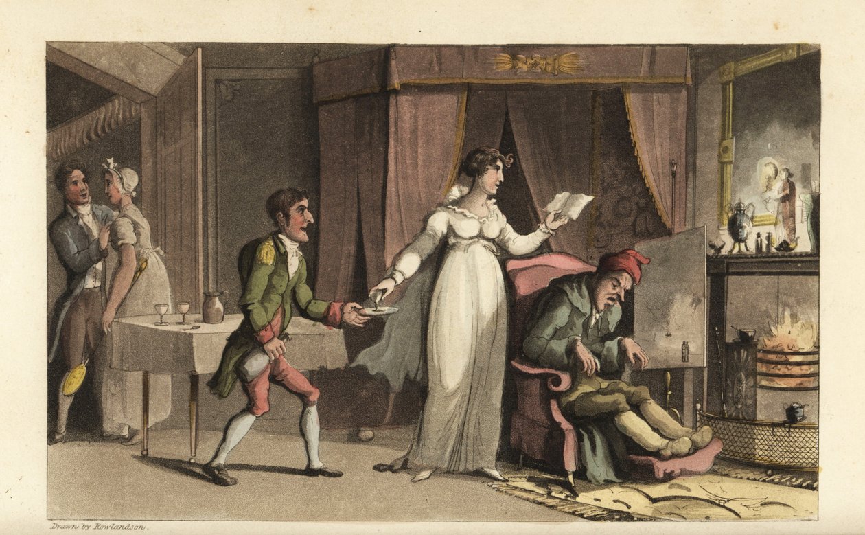 Johnny a fösvény John Squeeze és körültekintő unokahúga, Amelia Squeeze szolgálatában. Johnny egy pohár gyógyszert hoz a haldokló öregembernek. Thomas Rowlandson kézi színű rézmetszete William Combe The History of Johnny Quae Genus című művéből, th alkotó: Thomas Rowlandson