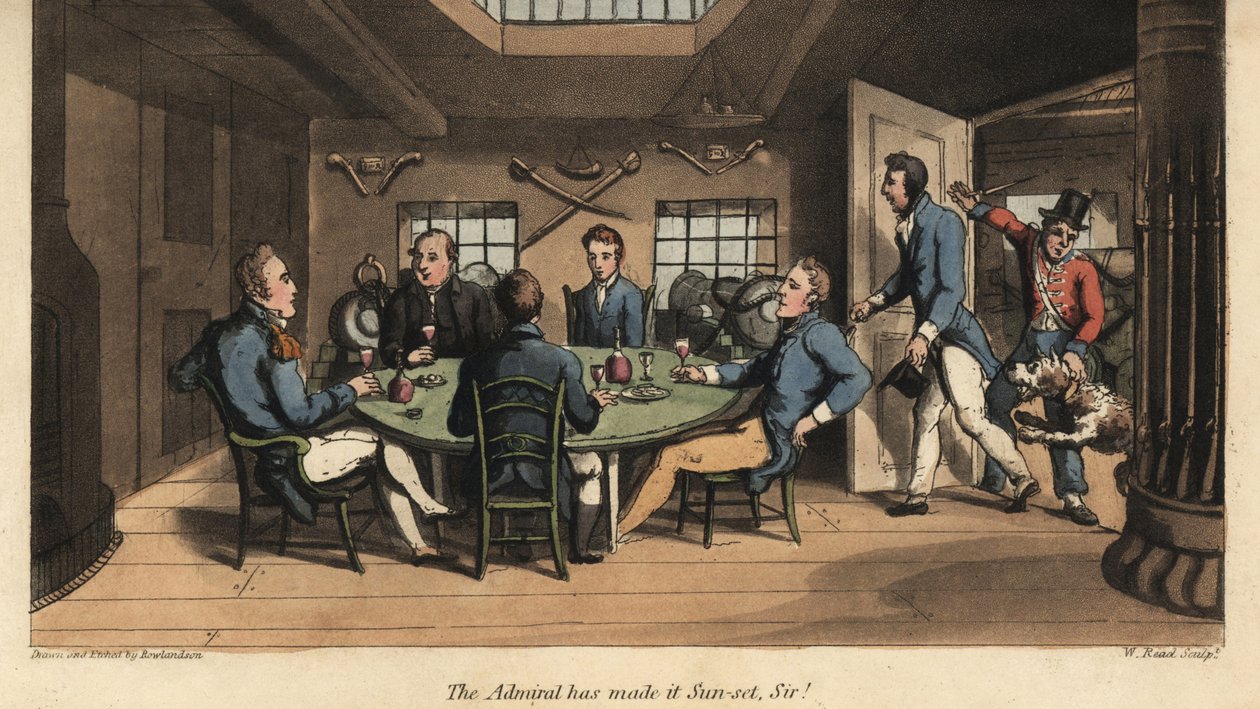 Johnny csatlakozik a kapitányhoz a kabinjában, hogy italokat igyon a többi tiszttel. Az admirális lenyugodott, uram! W. Read kézi színű rézmetszet, Thomas Rowlandson illusztrációja után Alfred Burton: Johnny Newcombe kalandjai i. alkotó: Thomas Rowlandson