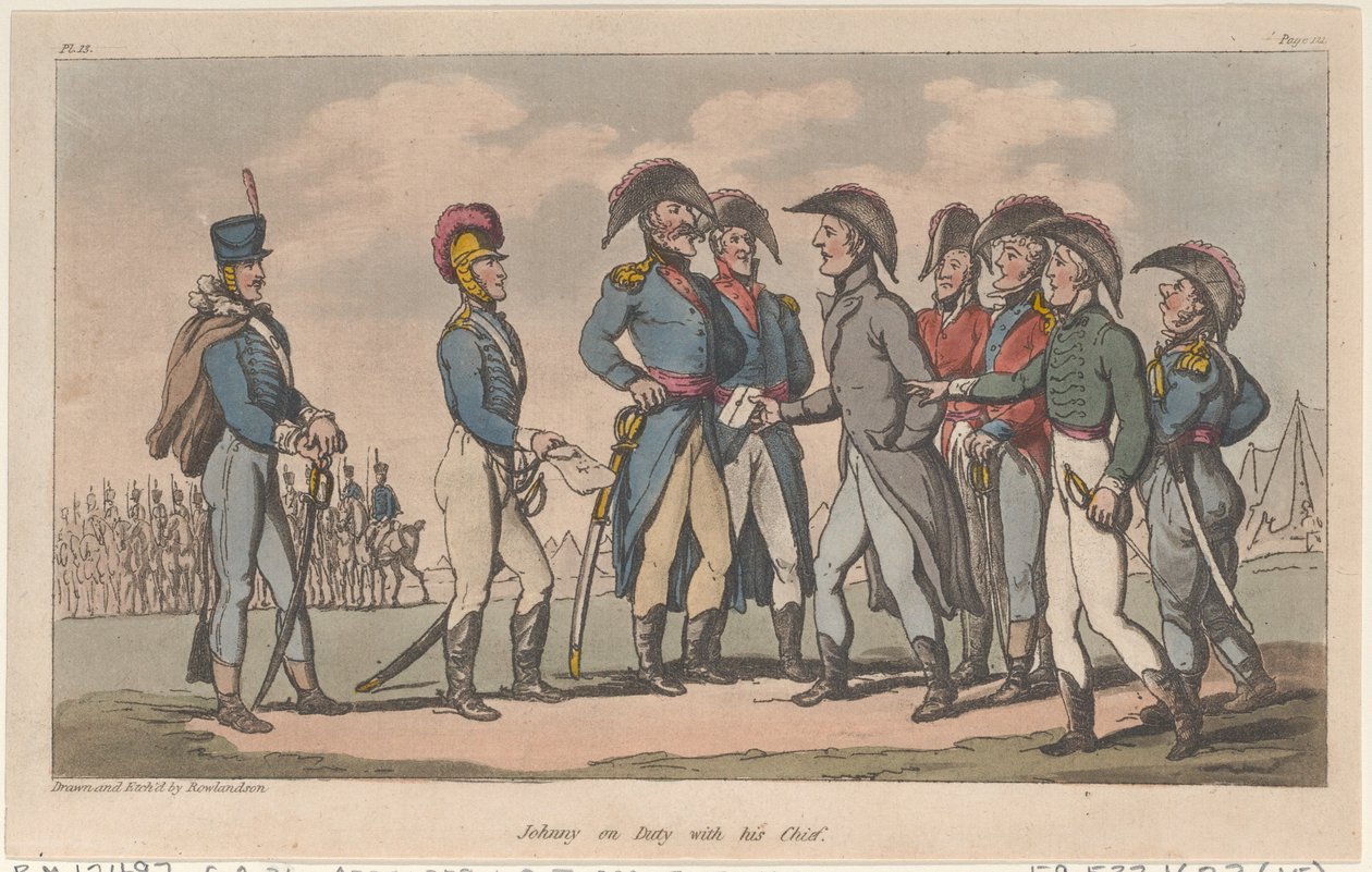 Johnny szolgálatban a főnökével, The Military Adventures of Johnny Newcome, 1815., 1815. alkotó: Thomas Rowlandson