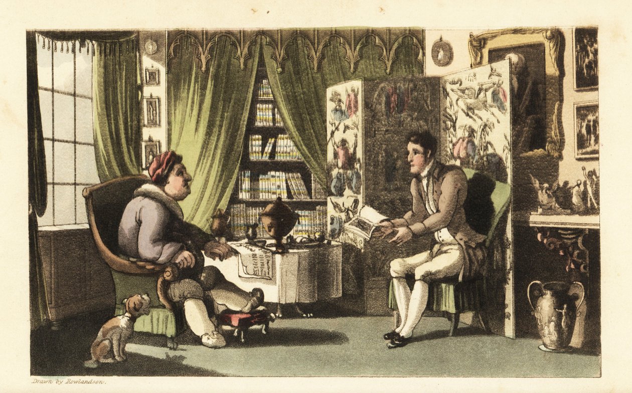 Johnny Sir Jeffery Gourmandnak olvas a dolgozószobájában. Thomas Rowlandson kézi színű rézmetszete William Combe The History of Johnny Quae Genus című művéből, a néhai doktor szintaxis kis alapítója. alkotó: Thomas Rowlandson