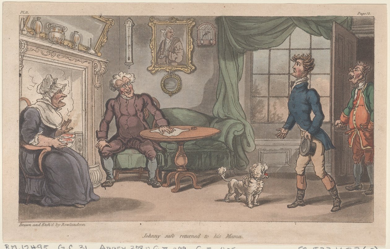 Johnny safe visszatért a mamájához, a The Military Adventures of Johnny Newcome, 1815., 1815-ből. alkotó: Thomas Rowlandson