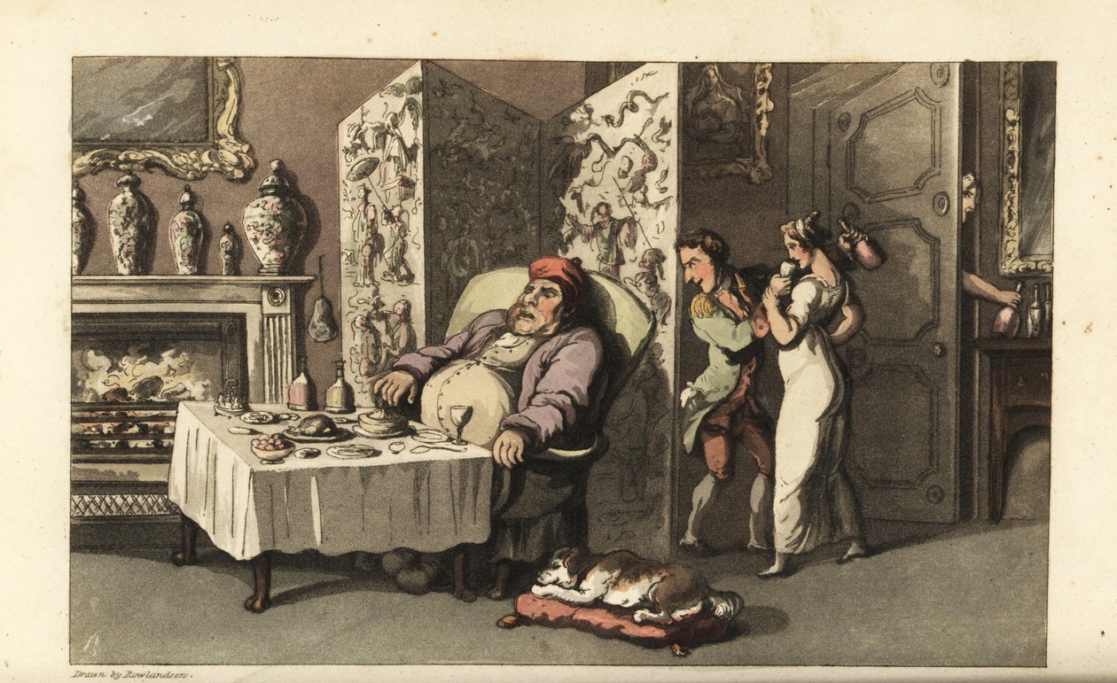 Johnny egy pohár bort cipel Molly szobalánynak a szalonban, miközben Sir Jeffery Gourmand az étkezőasztalnál alszik. Majdnem elkapta egy másik szolga az ajtóban. Thomas Rowlandson kézi színű rézmetszete William Combe John története című művéből alkotó: Thomas Rowlandson