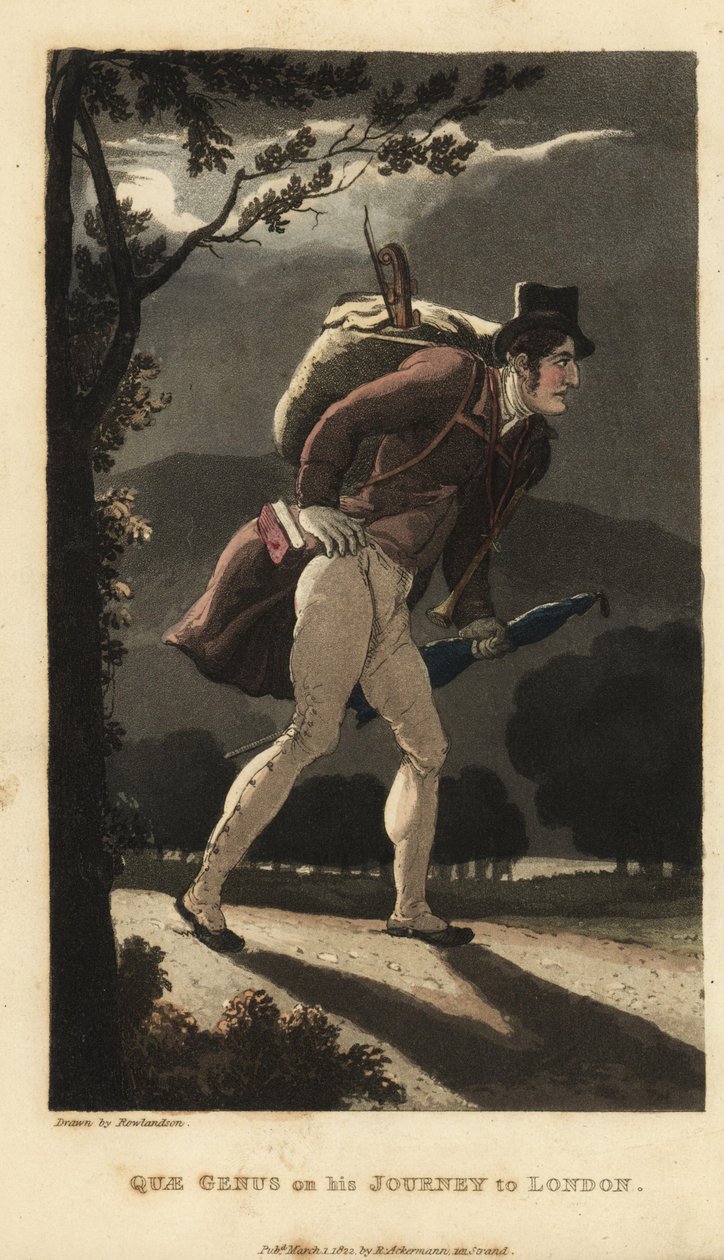 Johnny a holdfényes úton sétál Londonba. Van egy hátizsákja hegedűvel, egy könyv a kabátzsebében, és van nála esernyő. Thomas Rowlandson kézi színű rézmetszete William Combe The History of Johnny Quae Genus, the Little Found című művéből alkotó: Thomas Rowlandson