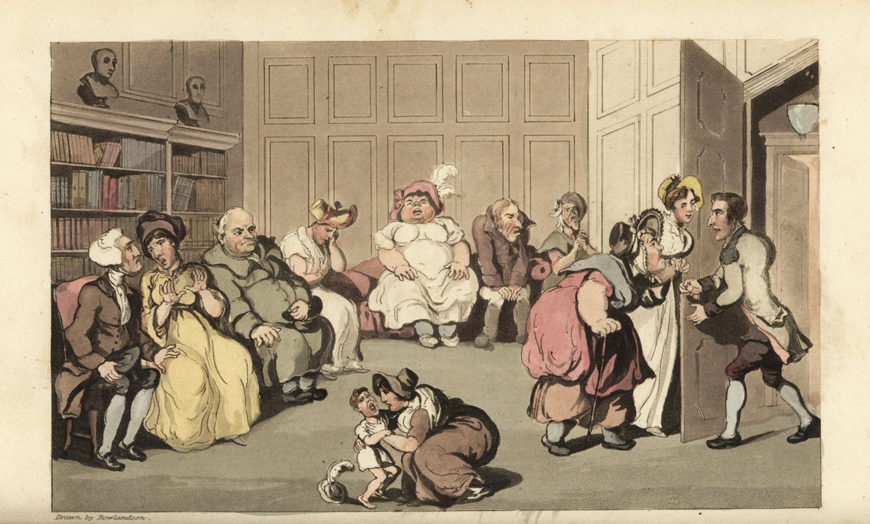 Johnny más betegekkel Anodyne hápászorvos várótermében. Thomas Rowlandson kézi színű rézmetszete William Combe The History of Johnny Quae Genus című művéből, a néhai doktor szintaxis kis alapítója. alkotó: Thomas Rowlandson