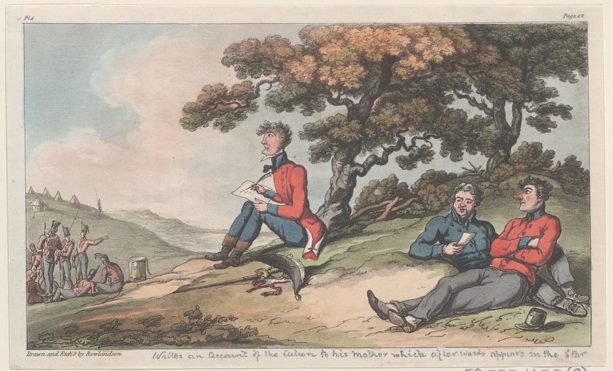 Johnny beszámolót ír az akcióról az anyjának, amely később megjelenik a Csillag...-ban, 1815-ben. alkotó: Thomas Rowlandson