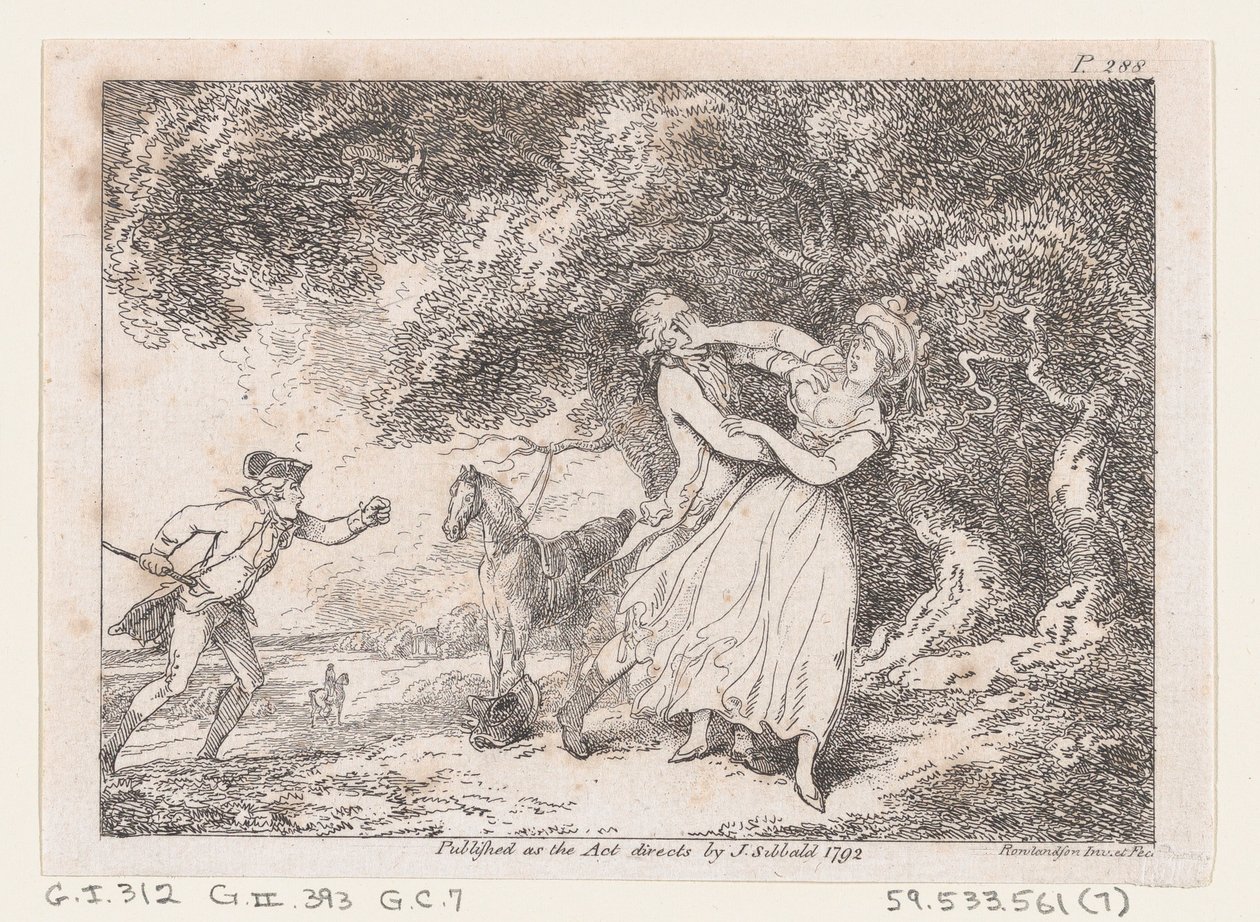 Joseph siet, hogy megmentse Fannyt a küszöbön álló veszélytől, Joseph Andrew kalandjaiból..., 1792. alkotó: Thomas Rowlandson
