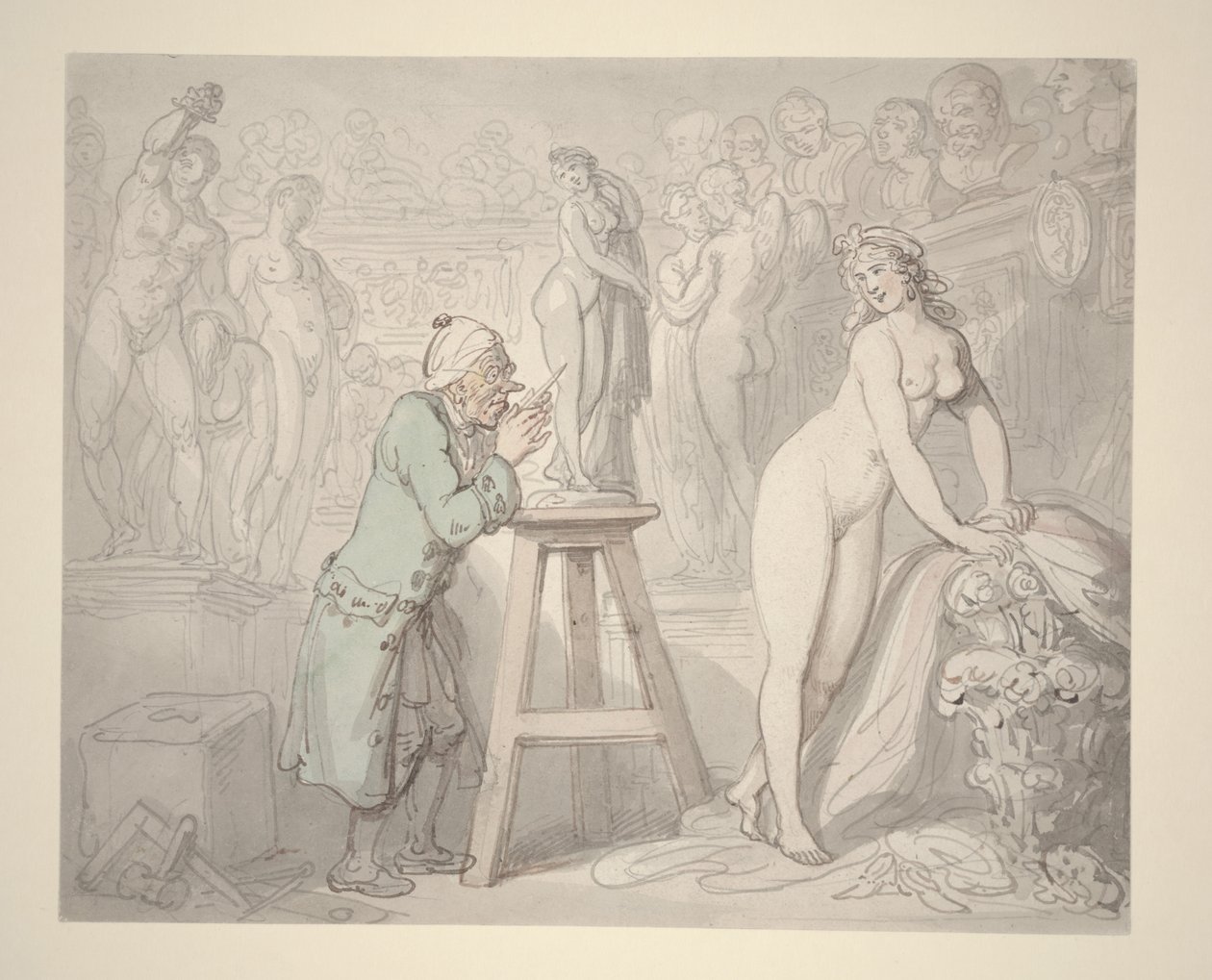 Joseph Nollekens műtermében, 1810 körül (ceruza, tus és akvarell papíron) alkotó: Thomas Rowlandson