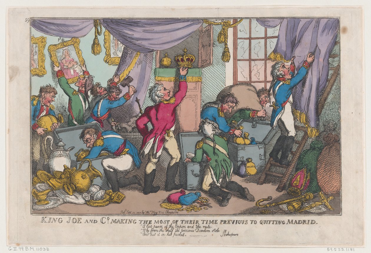 King Joe és társai a legtöbbet kihozva idejükből Madridból való kilépés előtt, ..., 1808. szeptember 25. alkotó: Thomas Rowlandson