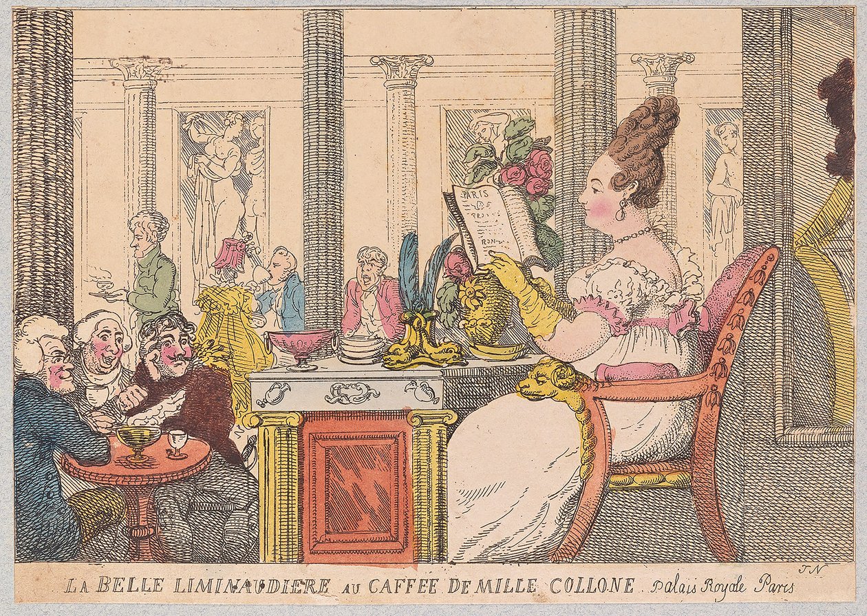 La Belle Liminaudiere a Cafe de Mille Colonne-ban, Palais Royal, Párizs, pub. 1814 (kézzel színezett metszet) alkotó: Thomas Rowlandson