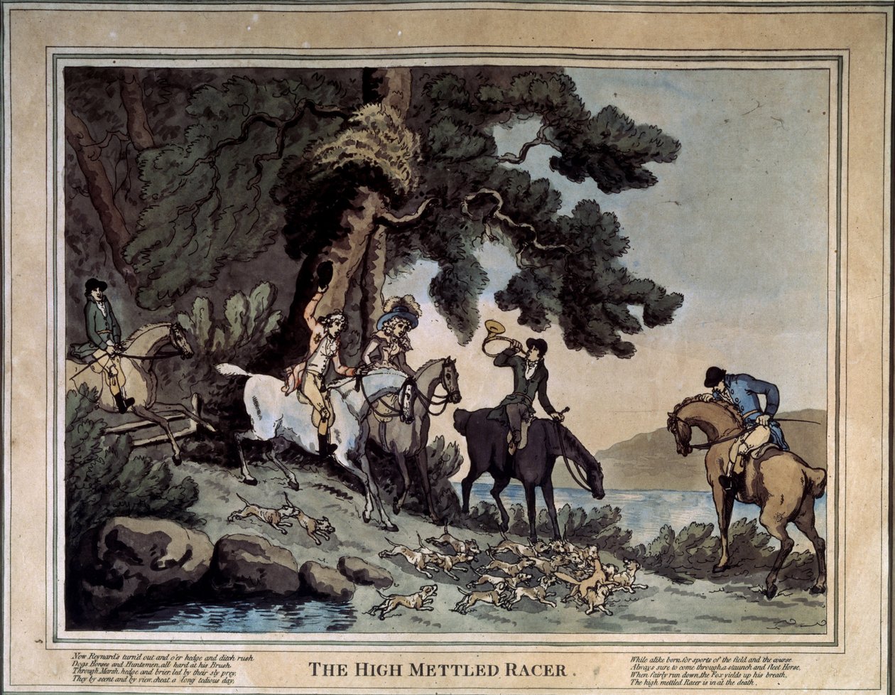 A magas futárok találkozója (The high mettled racer). Thomas Rowlandson (1756-1827) rajza. Rézkarc és akvarell alkotó: Thomas Rowlandson