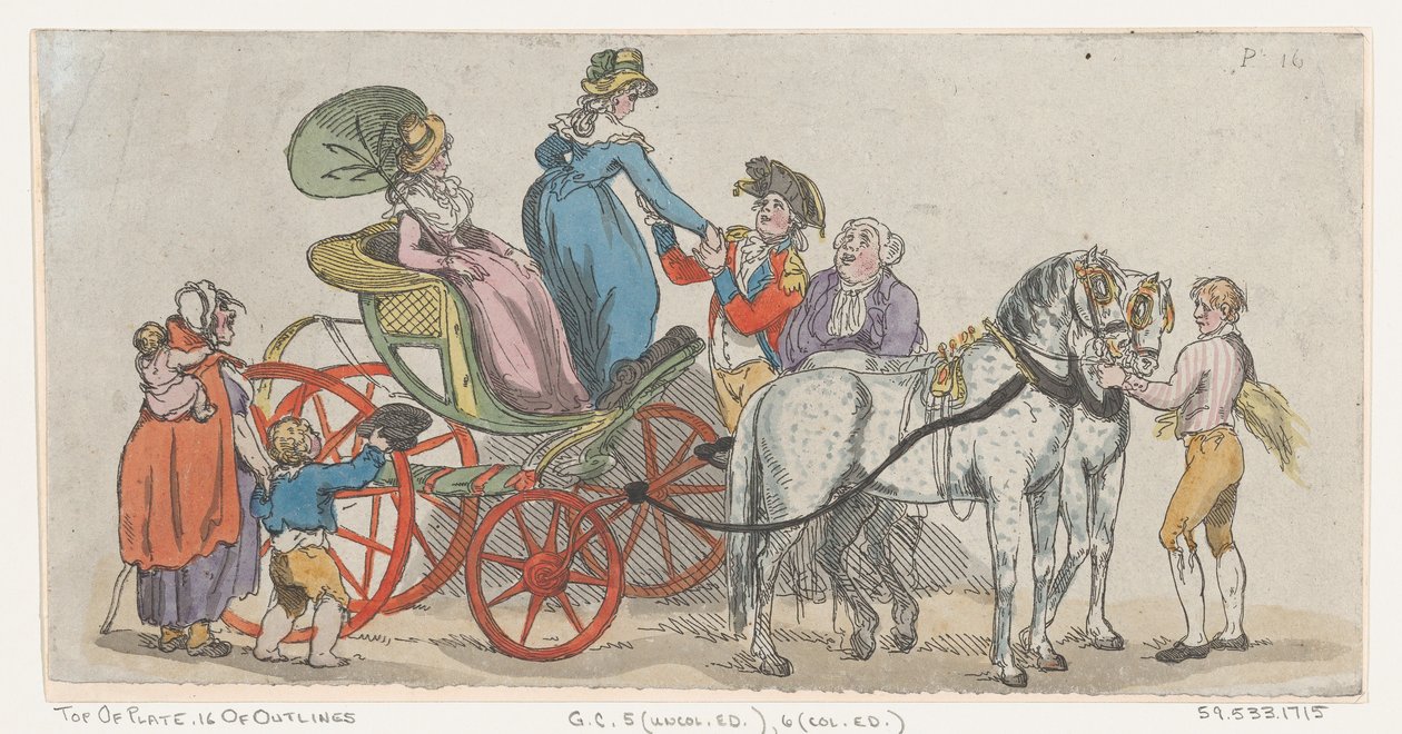 Hölgyek kiszállnak a hintóból a 16. tábláról, alakvázlatok, tájak a..., 1790. június 1. alkotó: Thomas Rowlandson