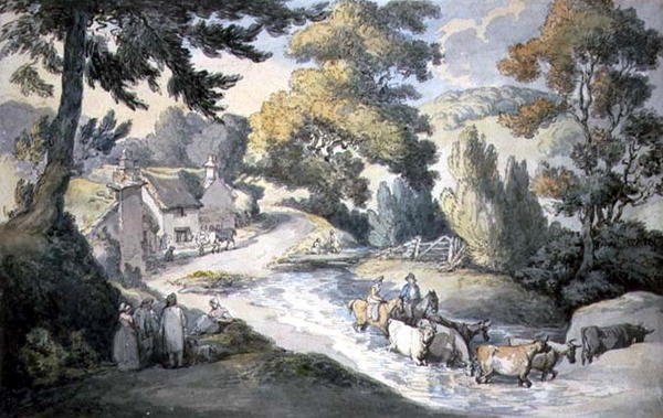 Táj szarvasmarhákkal, amelyek a patakban forognak alkotó: Thomas Rowlandson