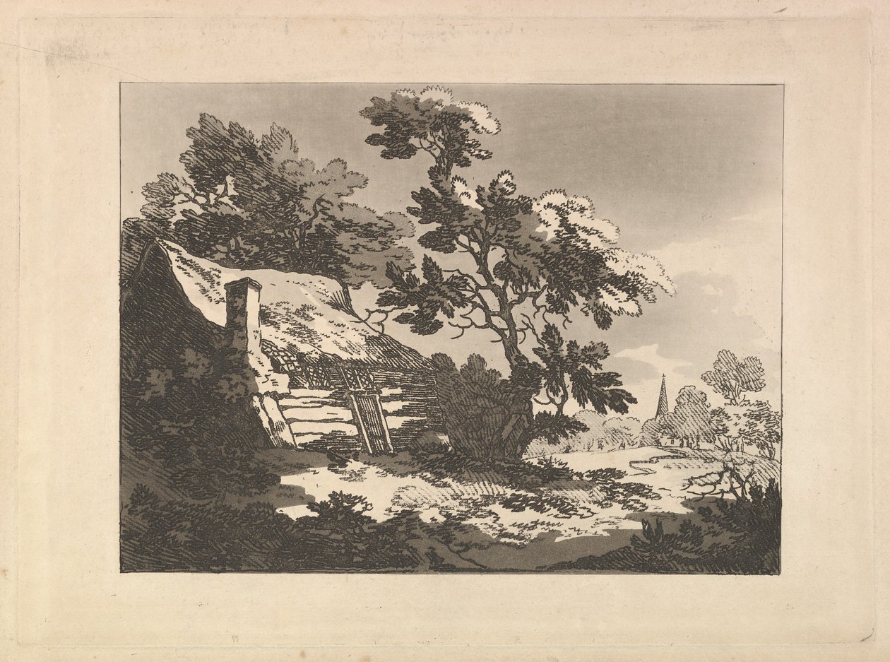 Tájkép, bal oldalon egy fák között álló kunyhóval, jobb oldalon pedig egy távoli templomtoronnyal alkotó: Thomas Rowlandson