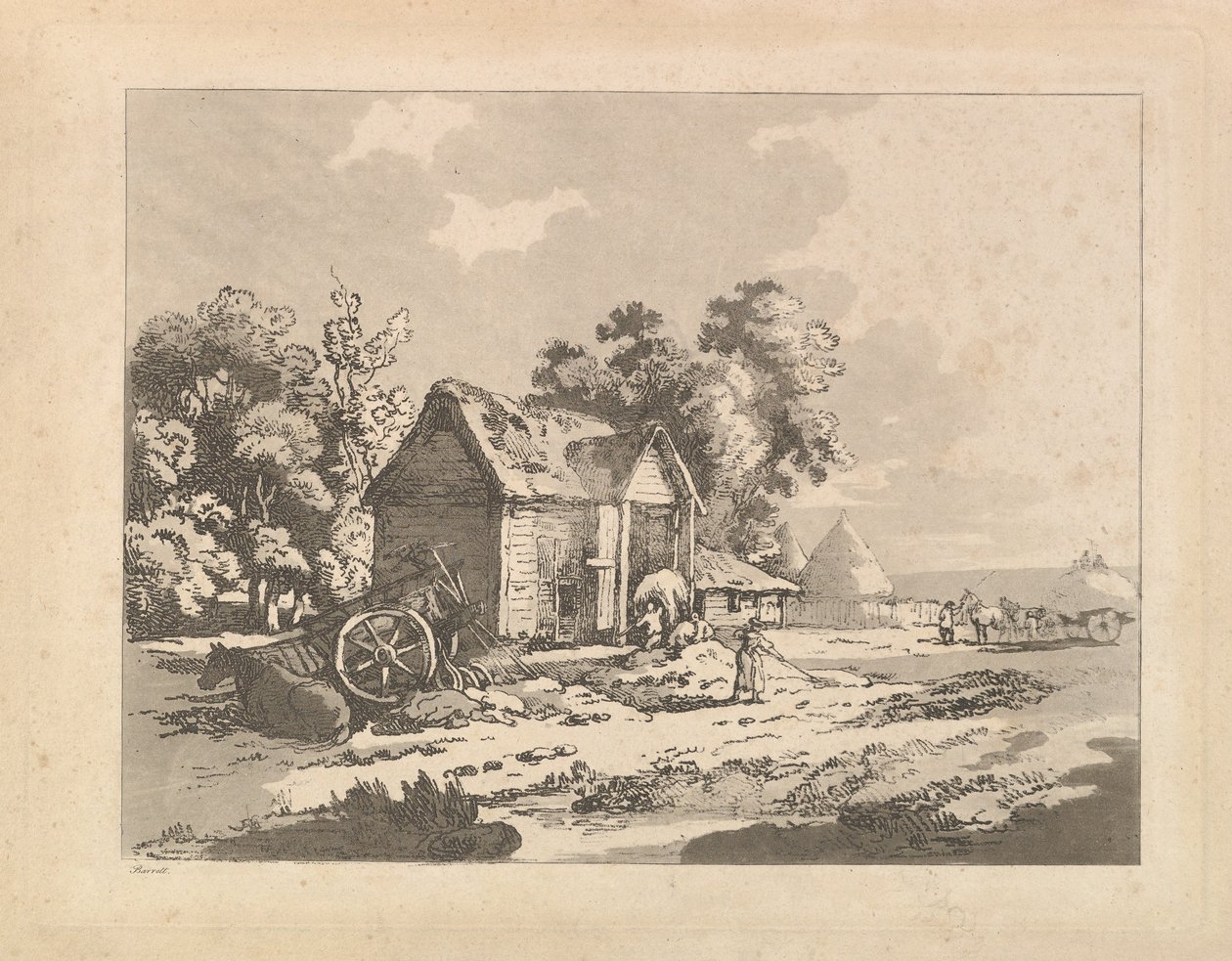 Táj szénát tároló figurákkal az istállóban, szekérrel és balra fekvő lóval, 1783-84. alkotó: Thomas Rowlandson