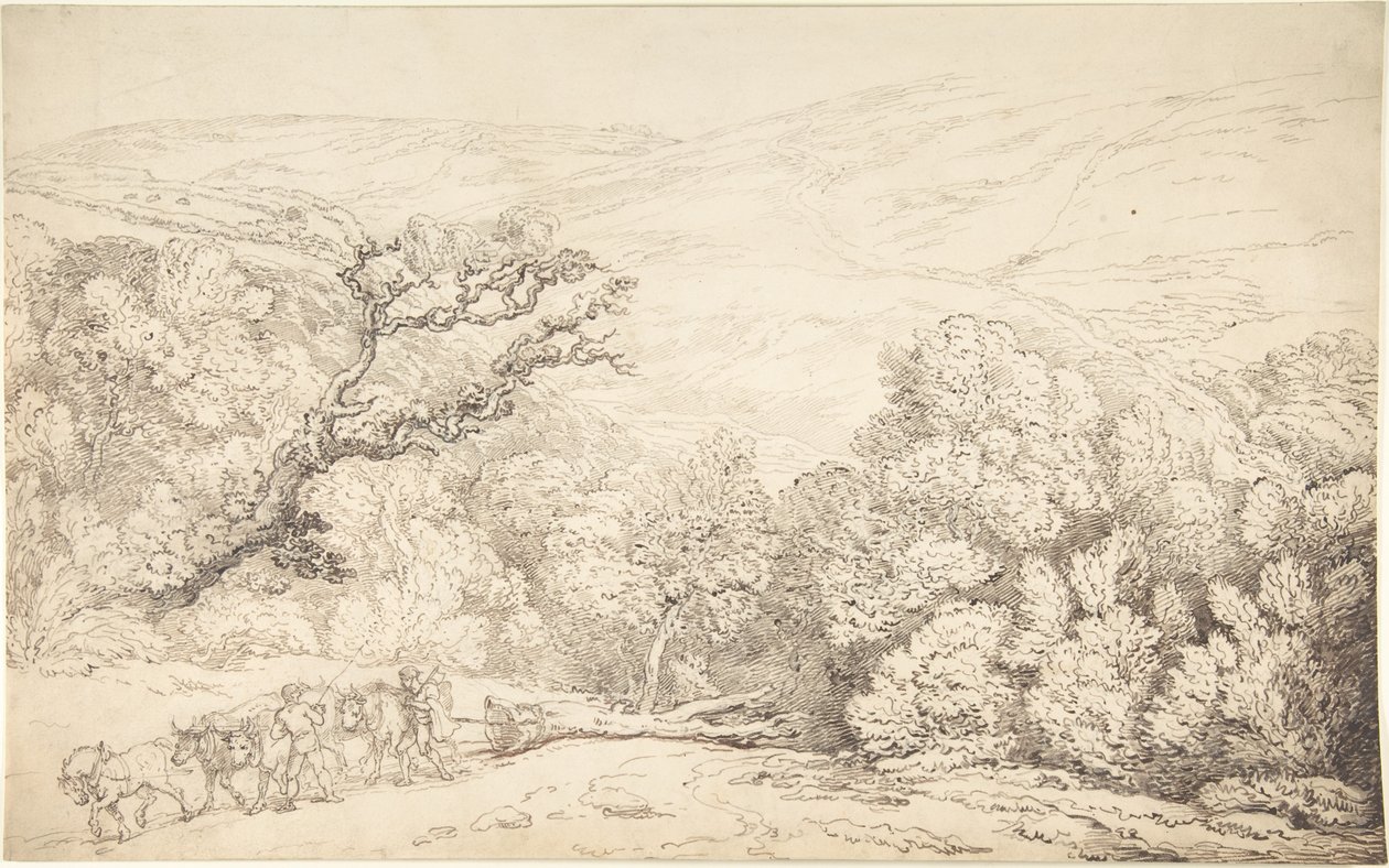 Tájkép ökrökkel és kivágott fával alkotó: Thomas Rowlandson