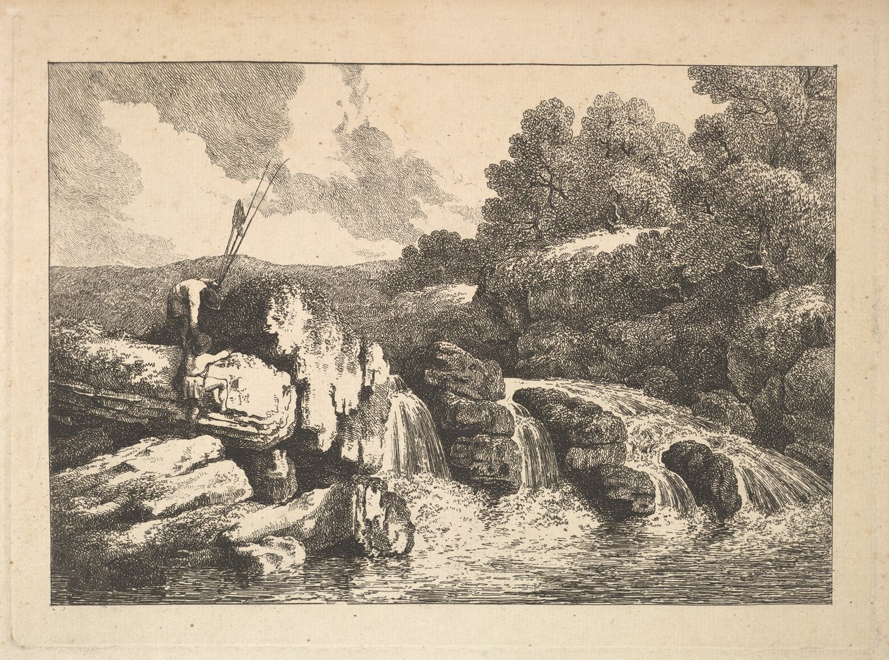 Táj két halász sziklákra mászva egy vízesés mellett, 1784-88. alkotó: Thomas Rowlandson