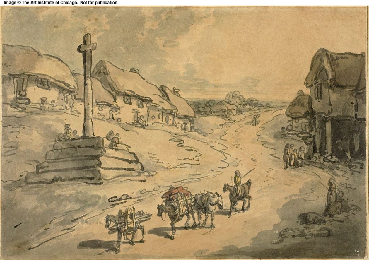 Táj, útszéli kereszttel és nyaralók alkotó: Thomas Rowlandson