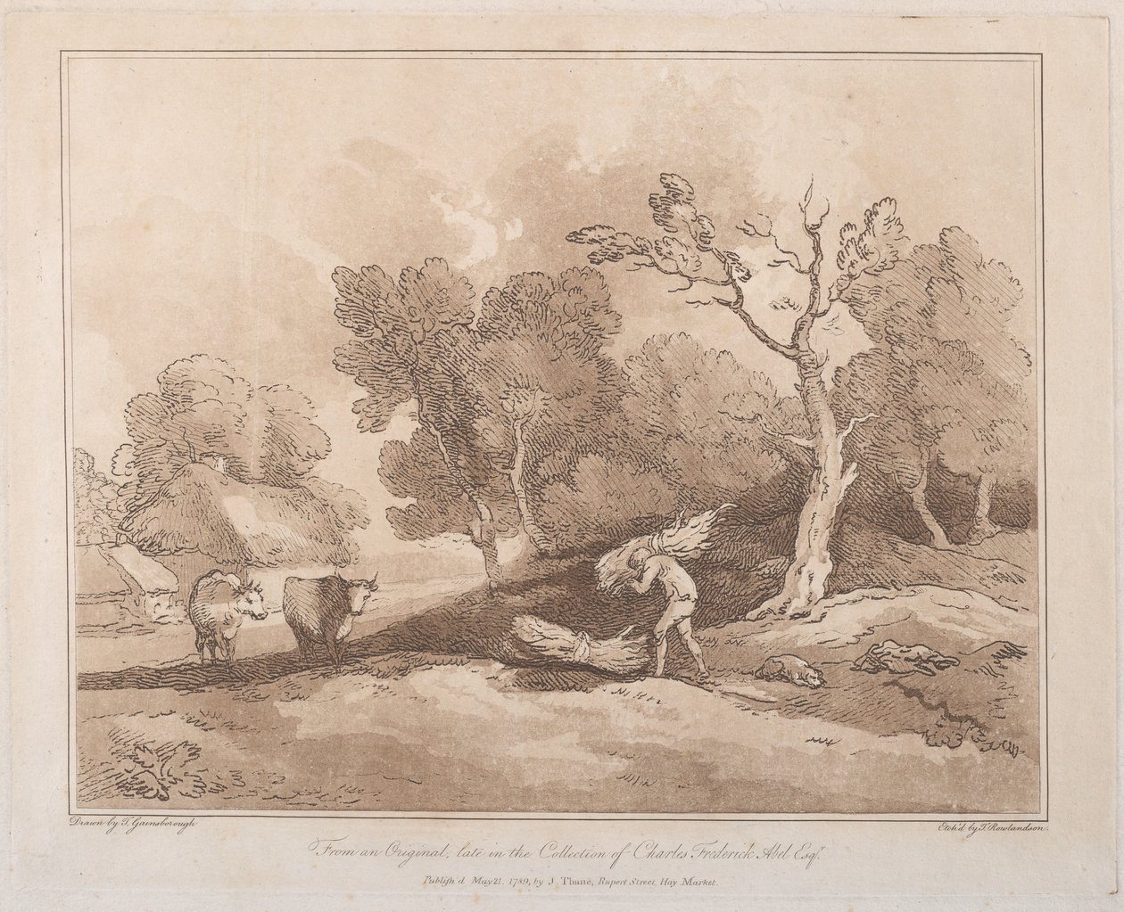 Táj egy ágköteget hordozó figurával, mögötte kopó, két tehén i..., 1789. május 21. alkotó: Thomas Rowlandson
