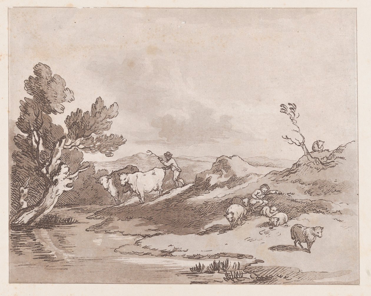 Szarvasmarhát vízre terelő figurával tájkép, 1789. május 21., 1789. május 21. alkotó: Thomas Rowlandson