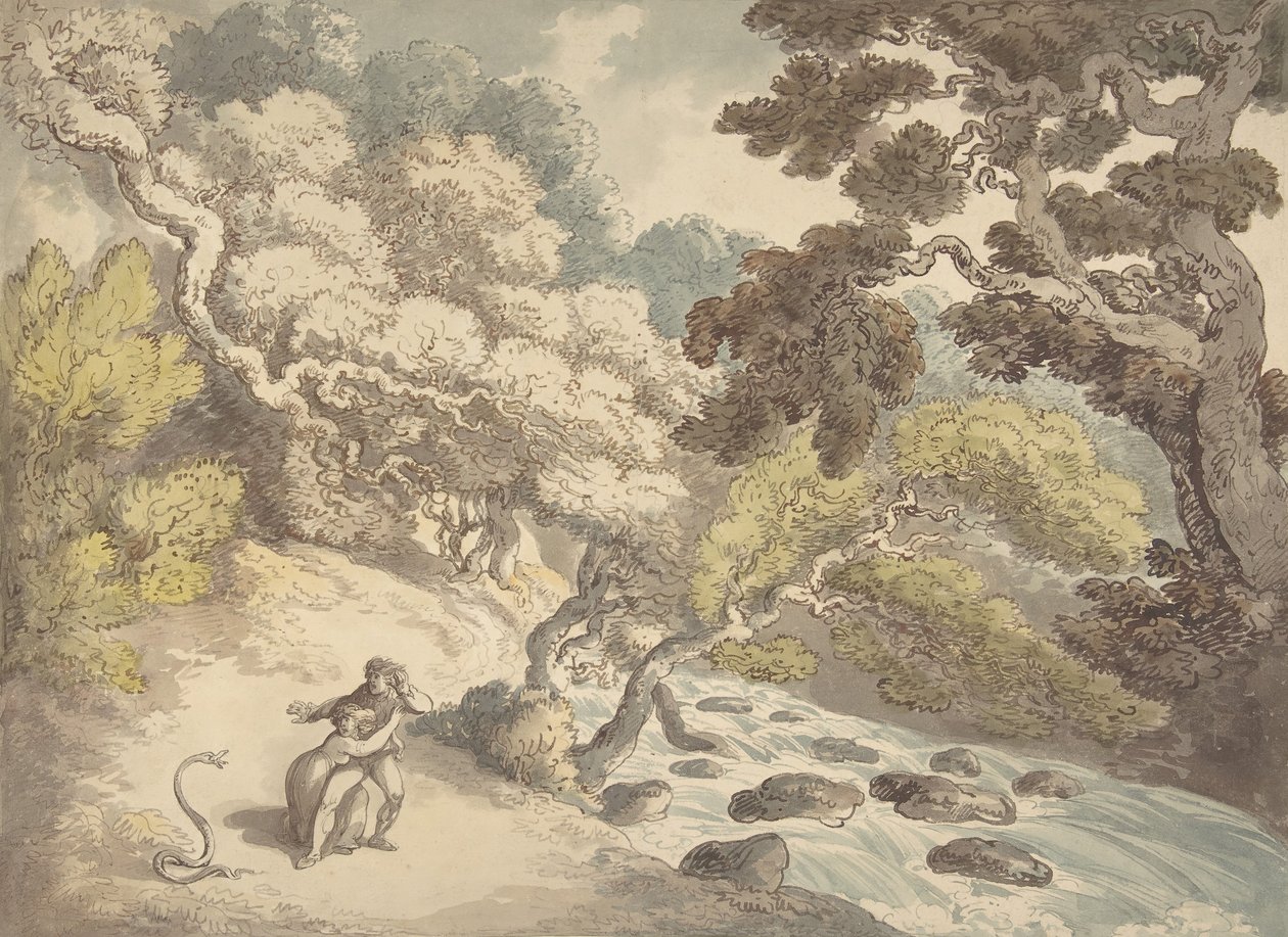 Táj hömpölygő patakkal és pár a parton, kígyótól megijedve, 1775-1827. alkotó: Thomas Rowlandson