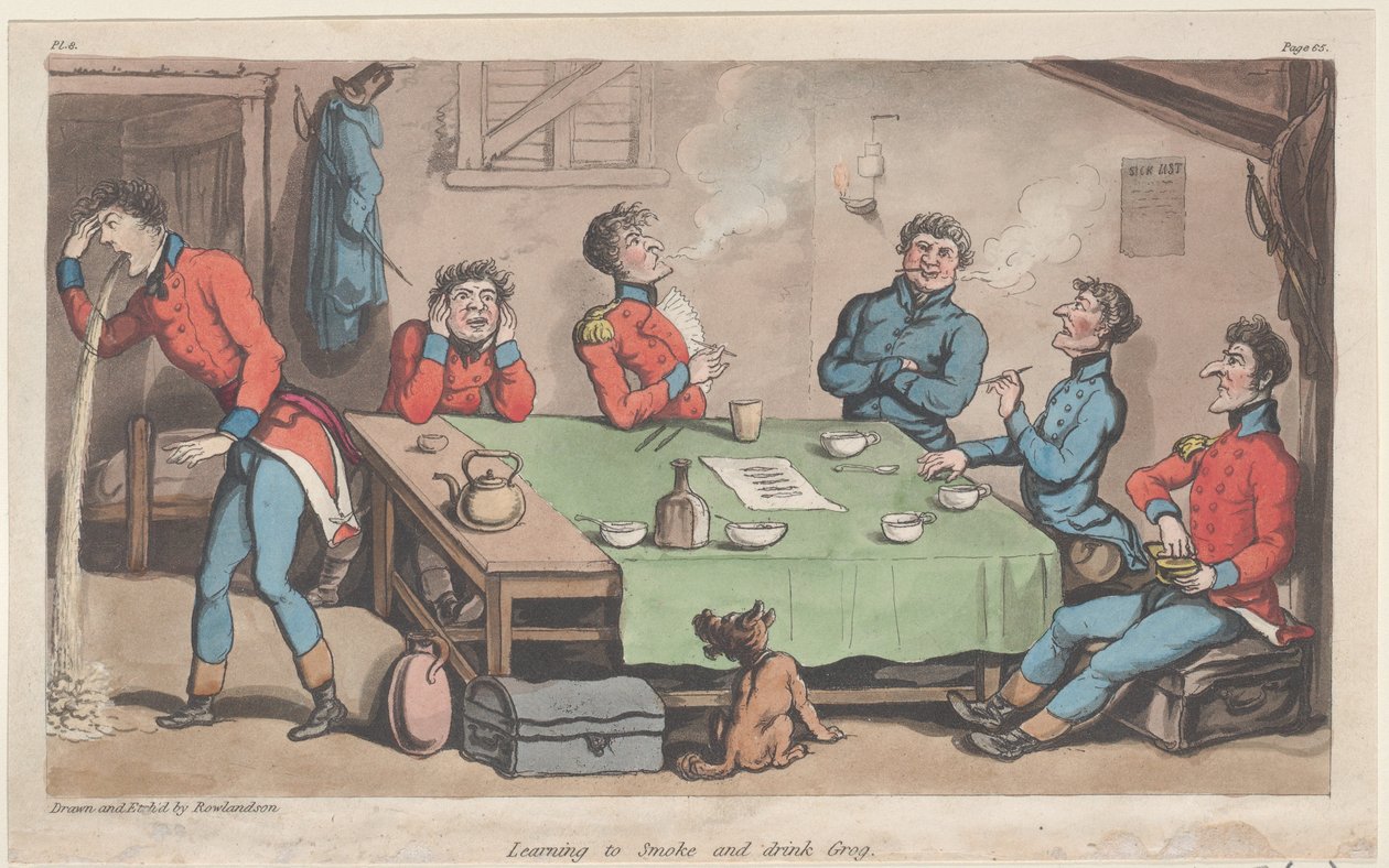 Tanulj meg dohányozni és inni Grogot, Johnny Newcome katonai kalandjaiból, 1815, 1815. alkotó: Thomas Rowlandson