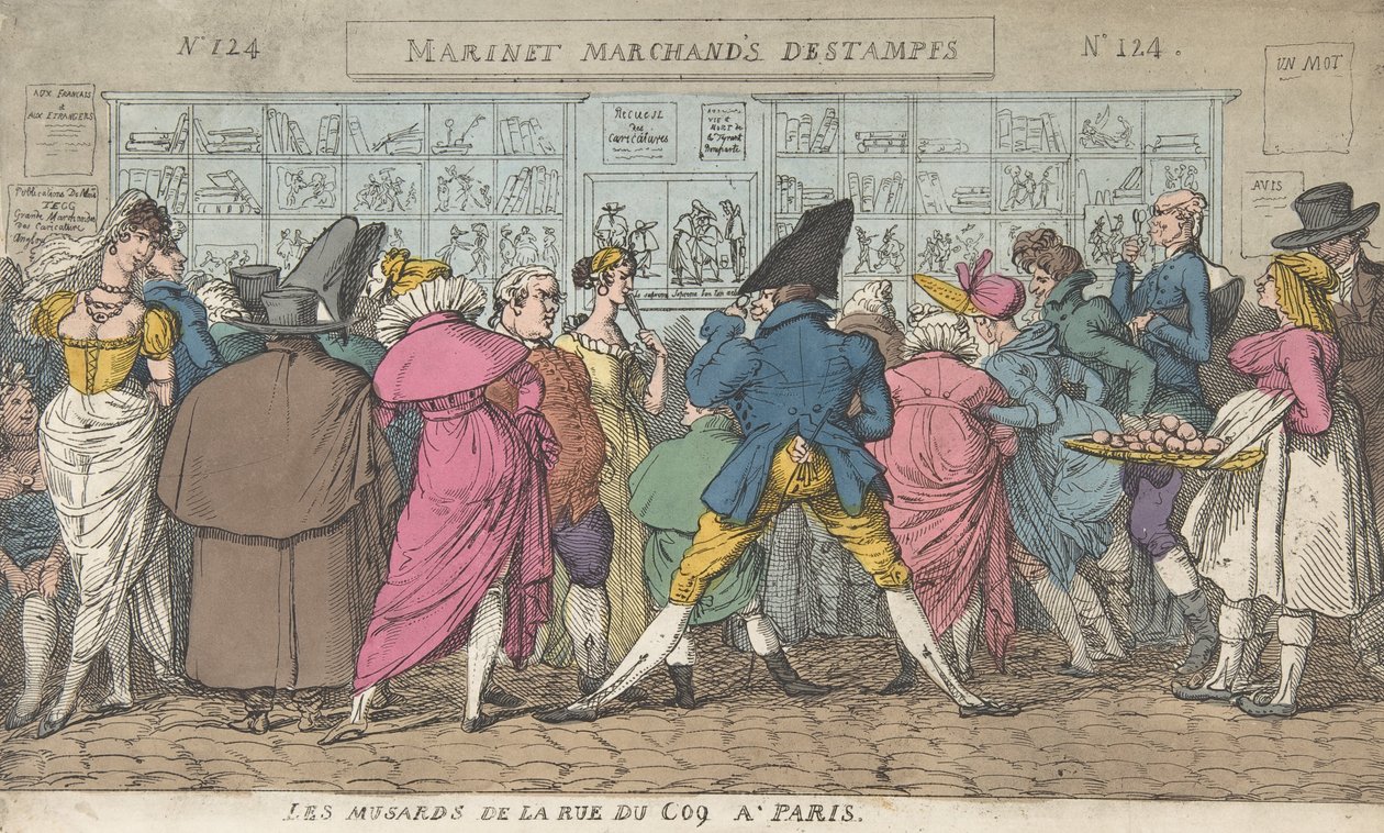 A párizsi Rue du Coq mustárjai A Rue Coq dawdlerei, Párizs, kb. 1810., kb. 1810. alkotó: Thomas Rowlandson